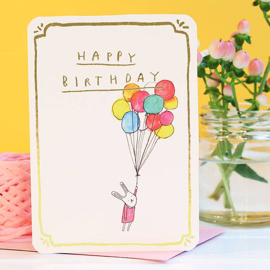 Laura Skilbeck Gold Birthday Bunny Balloons Card