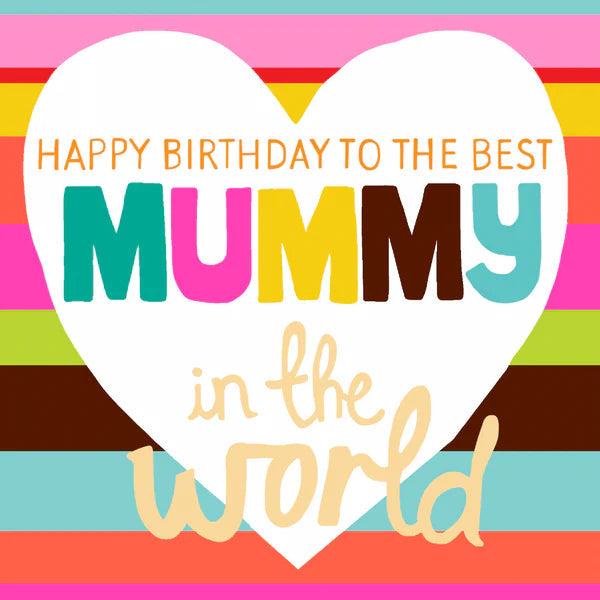 A colorful birthday card with a heart-shaped text that reads 'Happy Birthday to the Best Mummy in the World' on a striped background, paired with a patterned envelope.