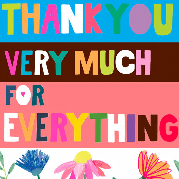 A colorful thank you card with patterned text and floral designs, finished with foil and sent with a patterned envelope.