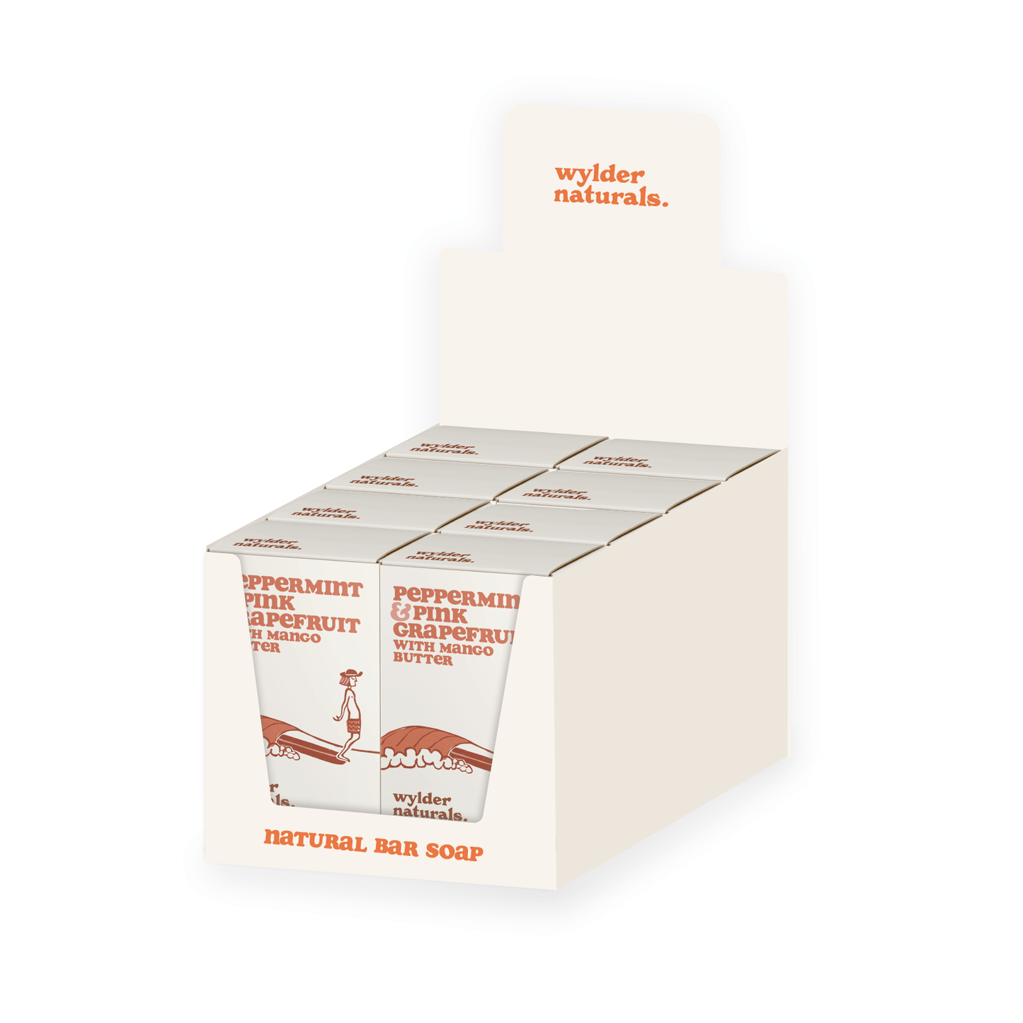 A point of sale box holding eight bars of peppermint and pink grapefruit soap