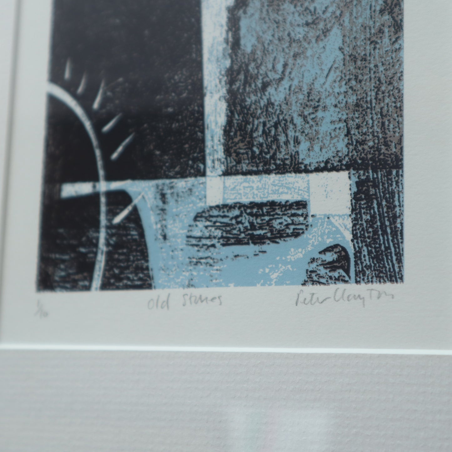 Artistic print with abstract design and text on a gray background