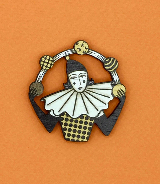 Vintage Style Circus Juggler Wooden Pin Brooch