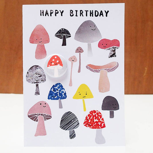 The Black Rabbit Greeting card with badge - Mushroom Birthday