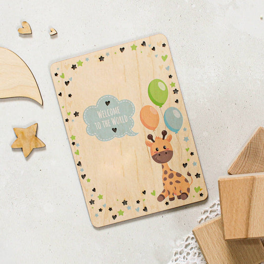 Rocket & Fox Wooden Card For New Baby In Blue