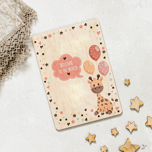 Rocket & Fox Wooden Card For New Baby In Pink