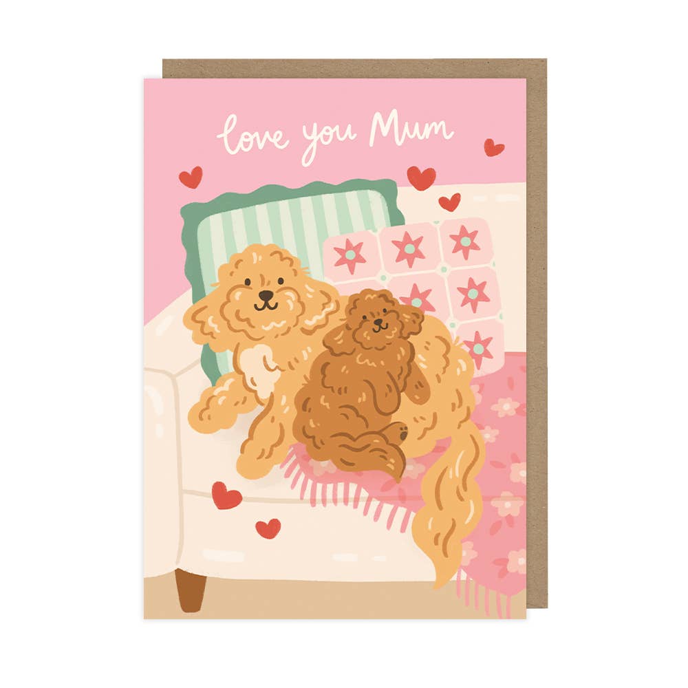 Greeting card with two dogs on a sofa and 'Love you Mum' text on a pink background.