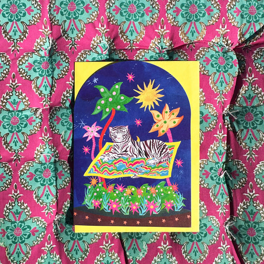 'Tiger on Magic Carpet Bell Jar' Greetings Card