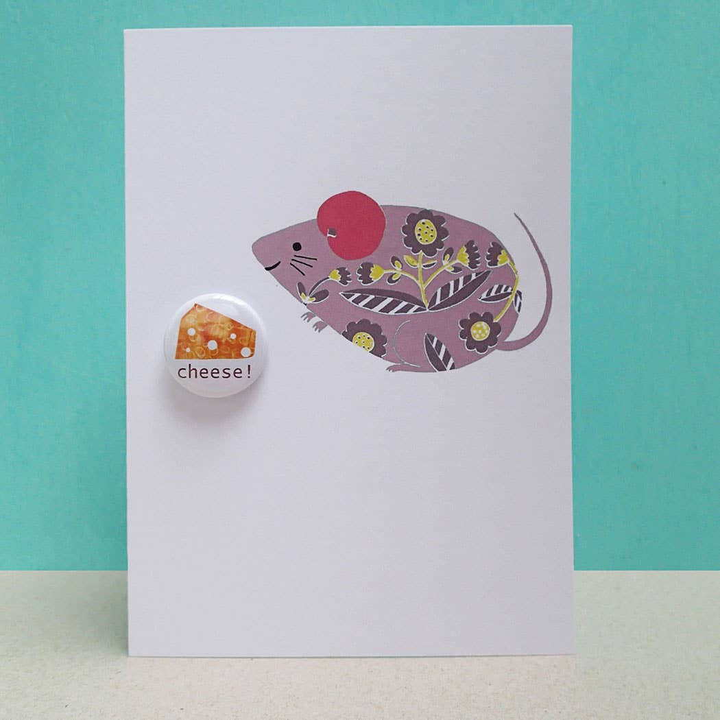 The Black Rabbit Greeting card with badge - Mouse with cheese