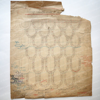 Vintage architectural drawing on brown paper with text and measurements