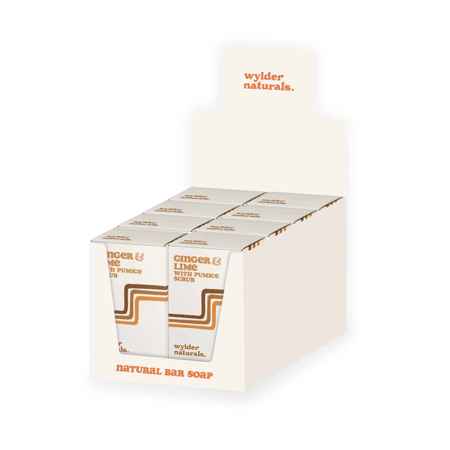 A point of sale box holding eight ginger and lime soaps