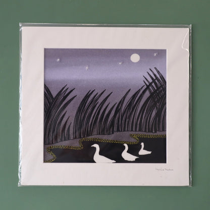 Packaged artwork of two ducks under a moonlit sky with reeds on a green background