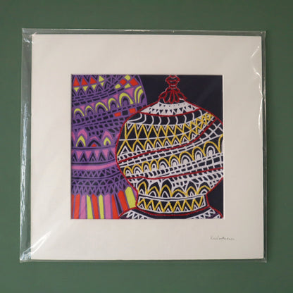 Colorful abstract art print of a vase in a clear plastic sleeve on a green background
