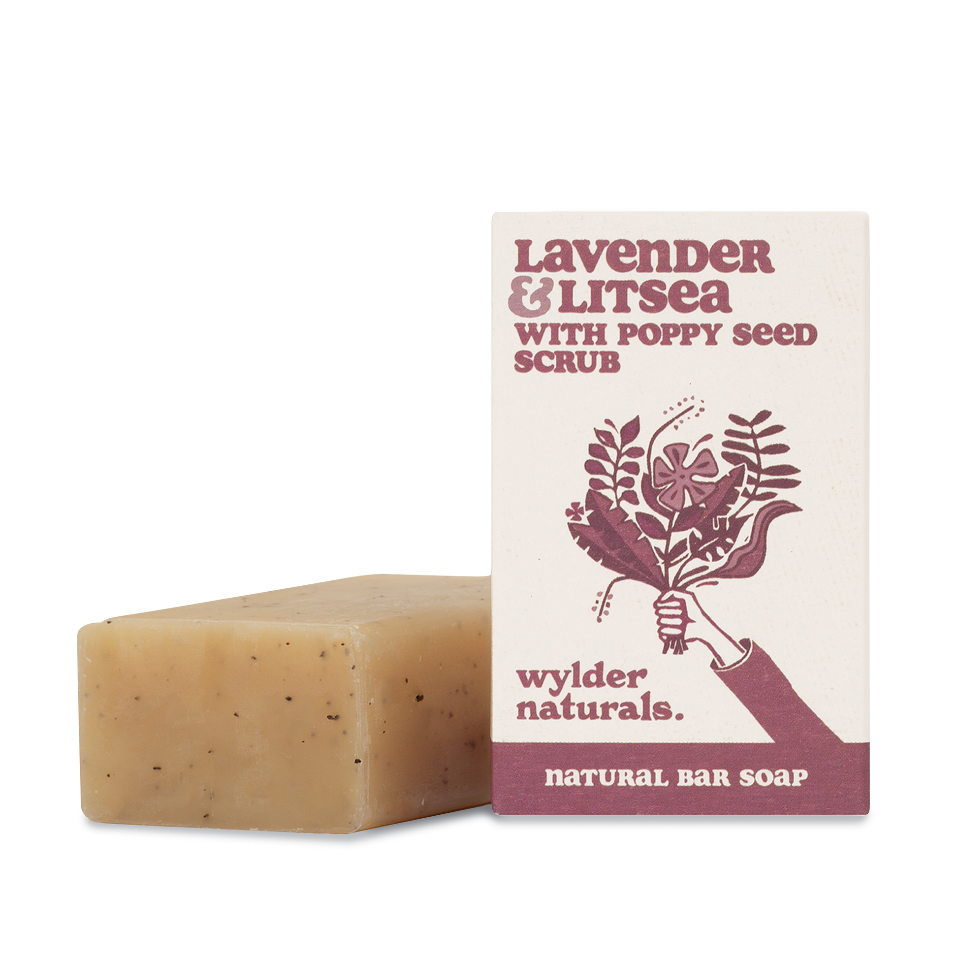 A natural bar soap with poppy seed scrub, next to its packaging which has 'Lavender & Litsea' written on it, indicating the scent of the product.