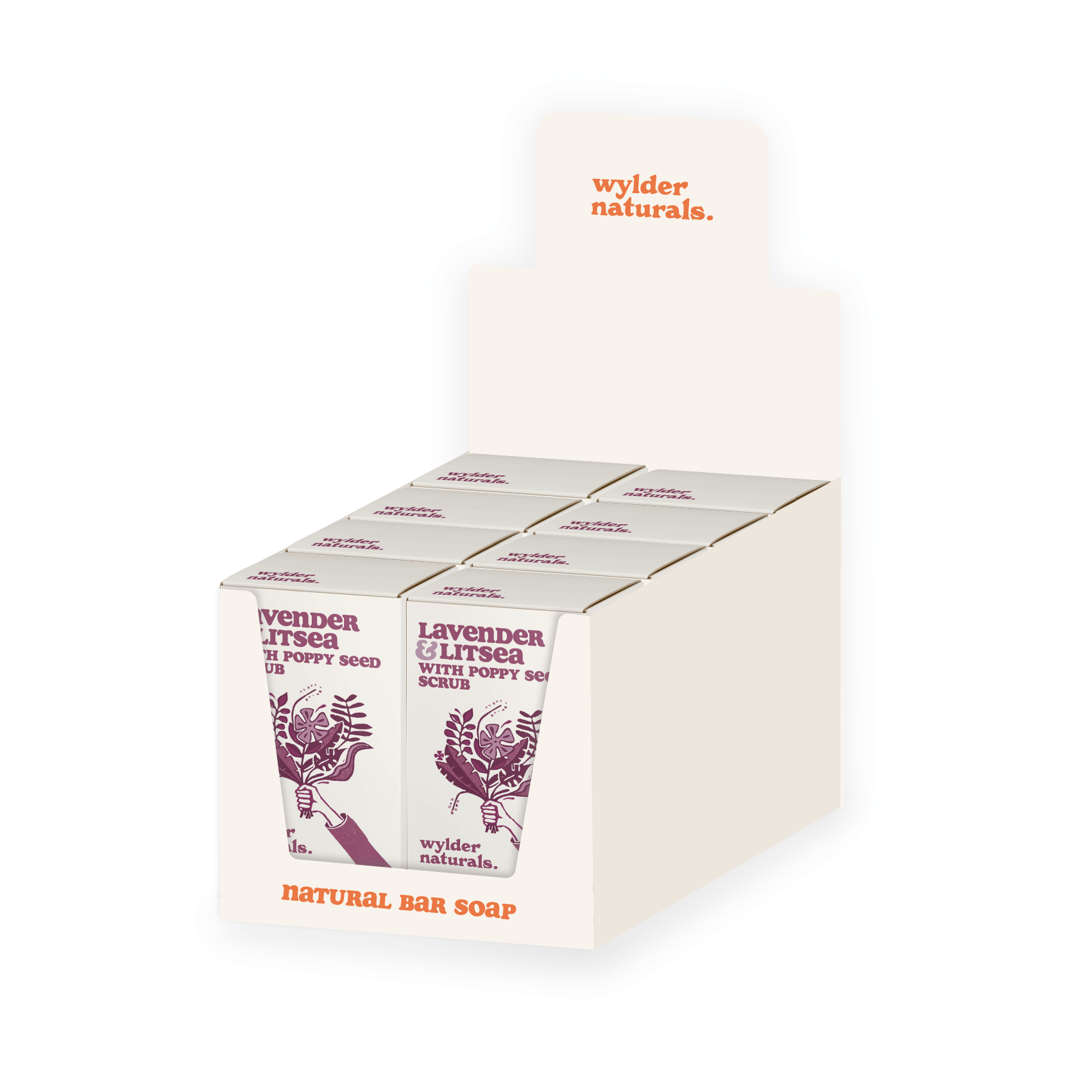 A point of sale point holding eight lavender and litsea bar soaps