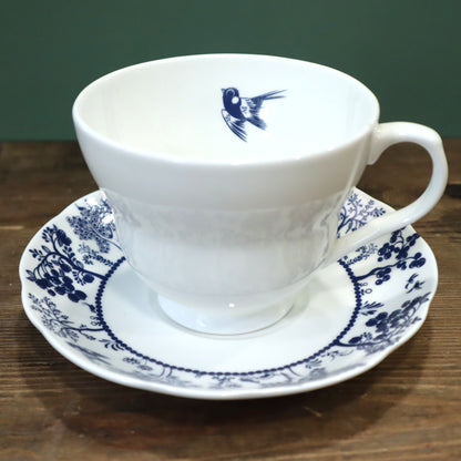 White teacup and saucer with blue floral patterns on a wooden surface.