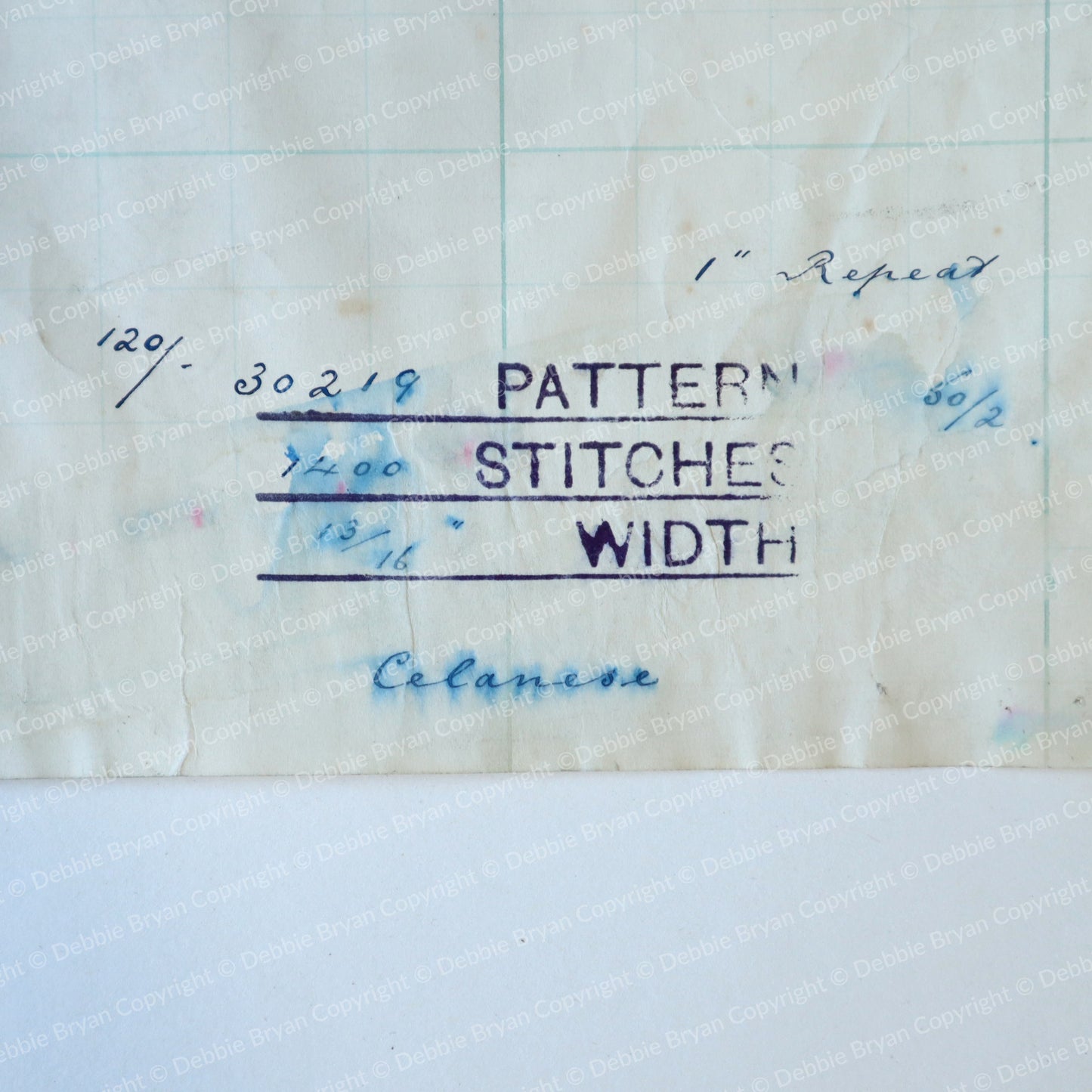 Text on paper with lace details including pattern, stitches, and width.