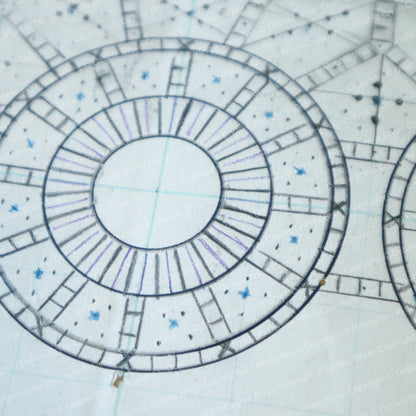 Circular design with lines and symbols on a light background