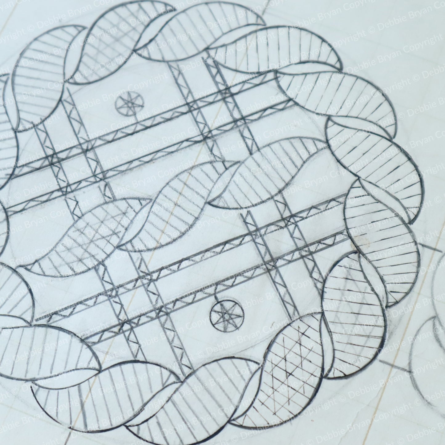 Technical drawing of a circular mechanical component with lines and patterns