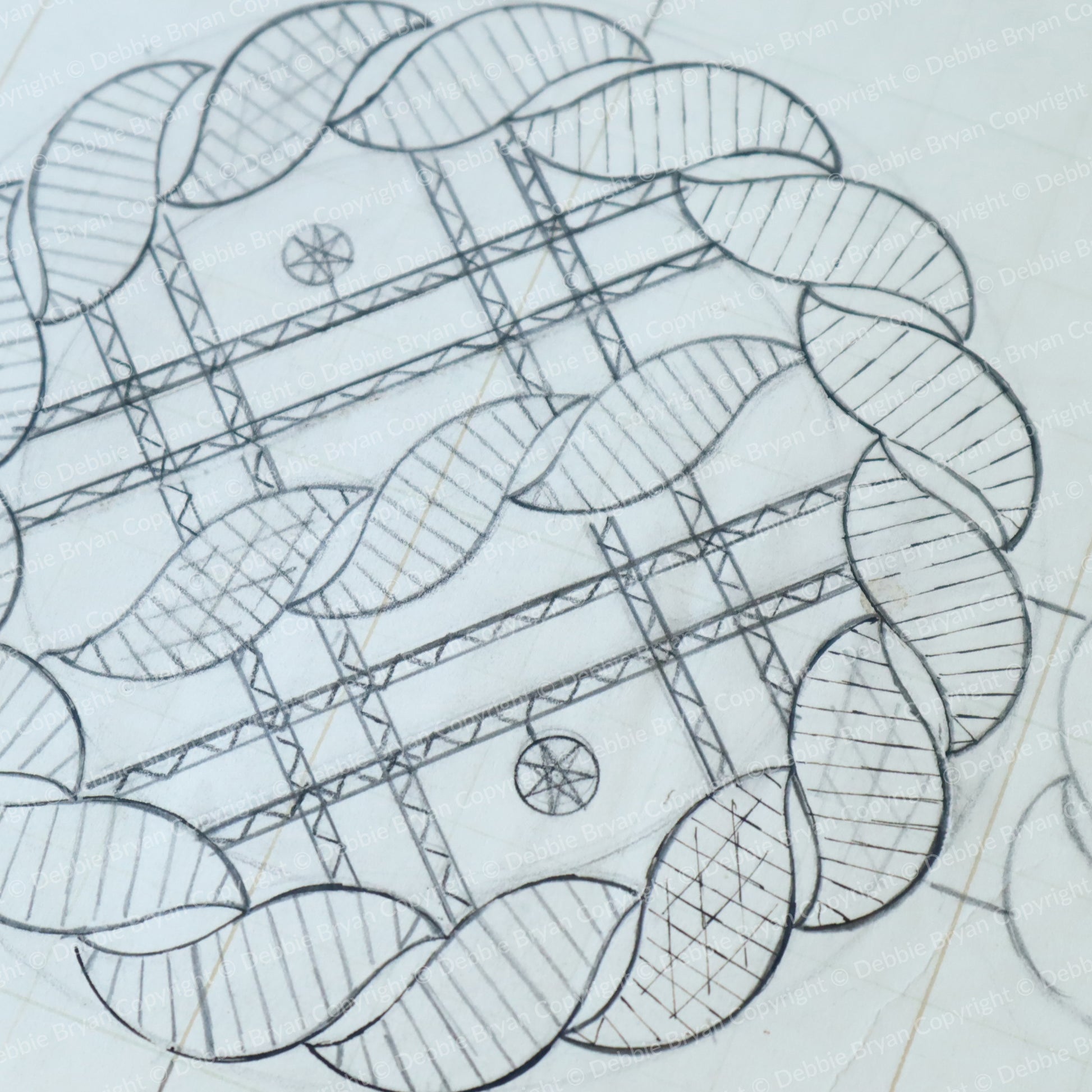 Technical drawing of a circular mechanical component with lines and patterns