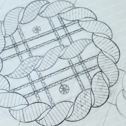 Technical drawing of a circular mechanical component with lines and patterns