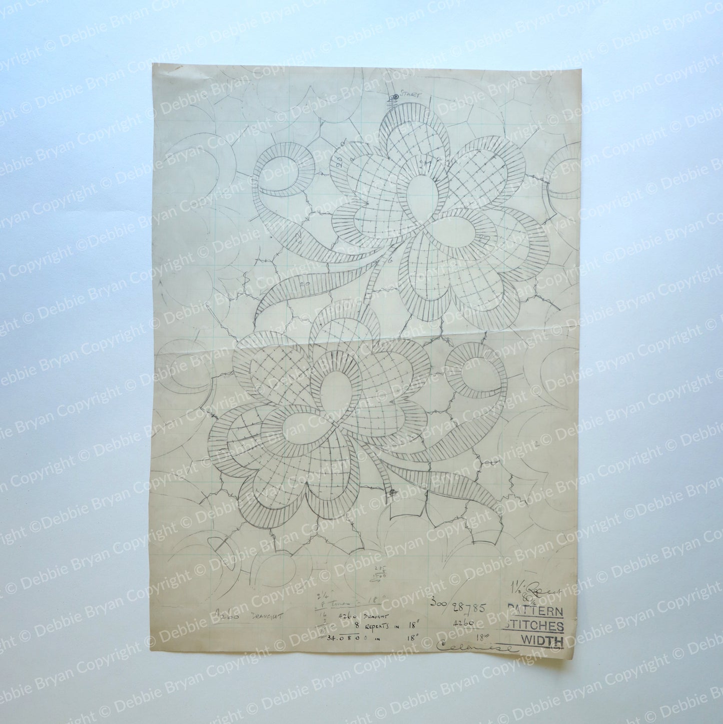 Sheet of lace patterns with floral designs on a off white background