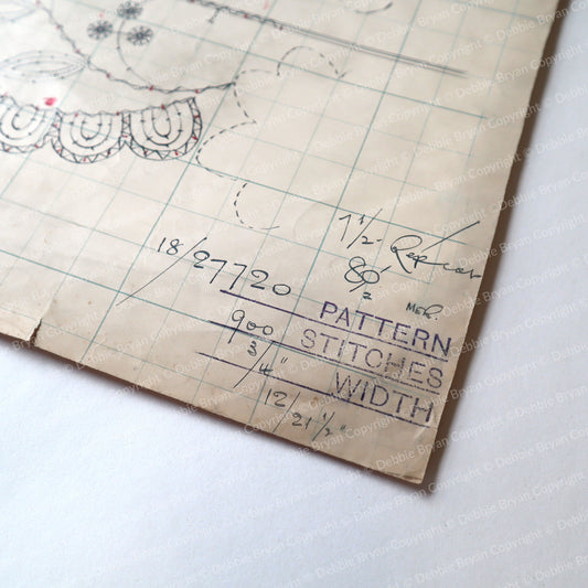 Vintage lace pattern with measurements and designs on a white background