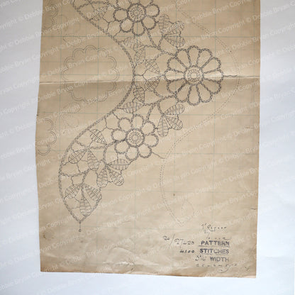 Vintage floral lace pattern on a textured beige background