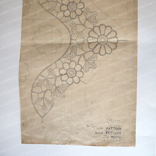 Vintage floral lace pattern on a textured beige background