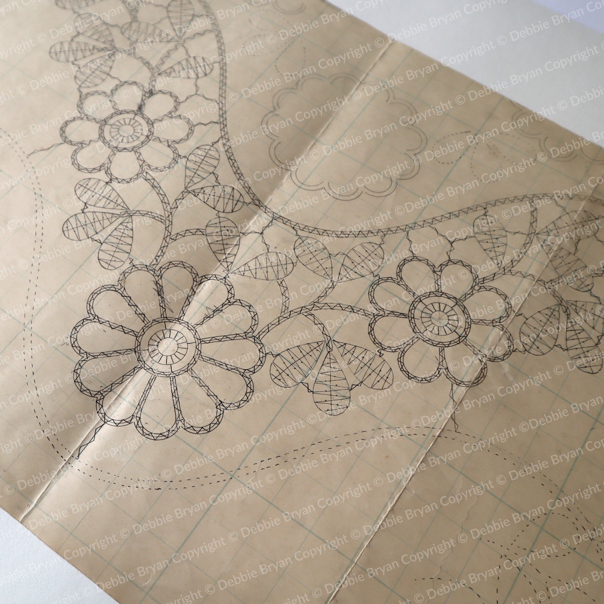 Vintage floral lace pattern on a textured beige background