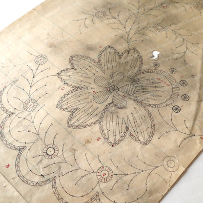 Vintage lace drawing on brown paper with measurements and text.
