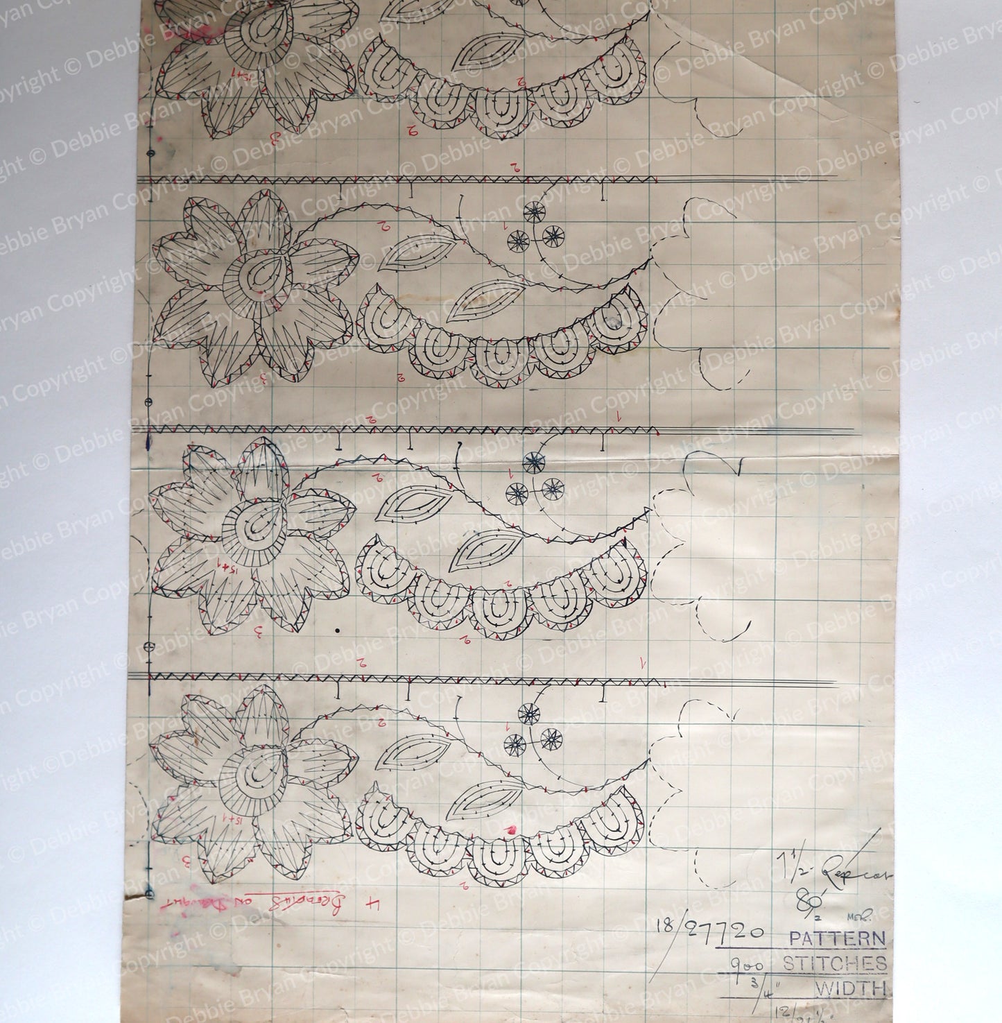 Vintage lace pattern with measurements and designs on a white background