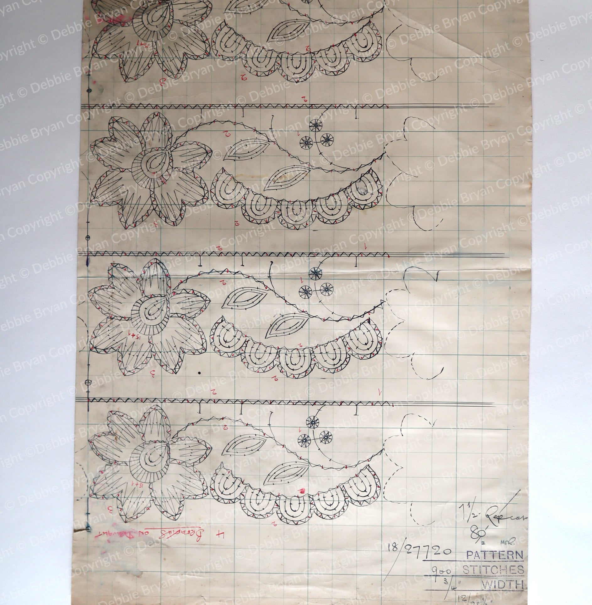 Vintage lace pattern with measurements and designs on a white background