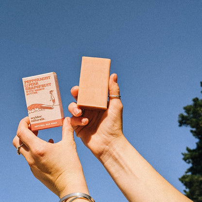 Two hands holding up a bar of soap and the soap packaging against the sky