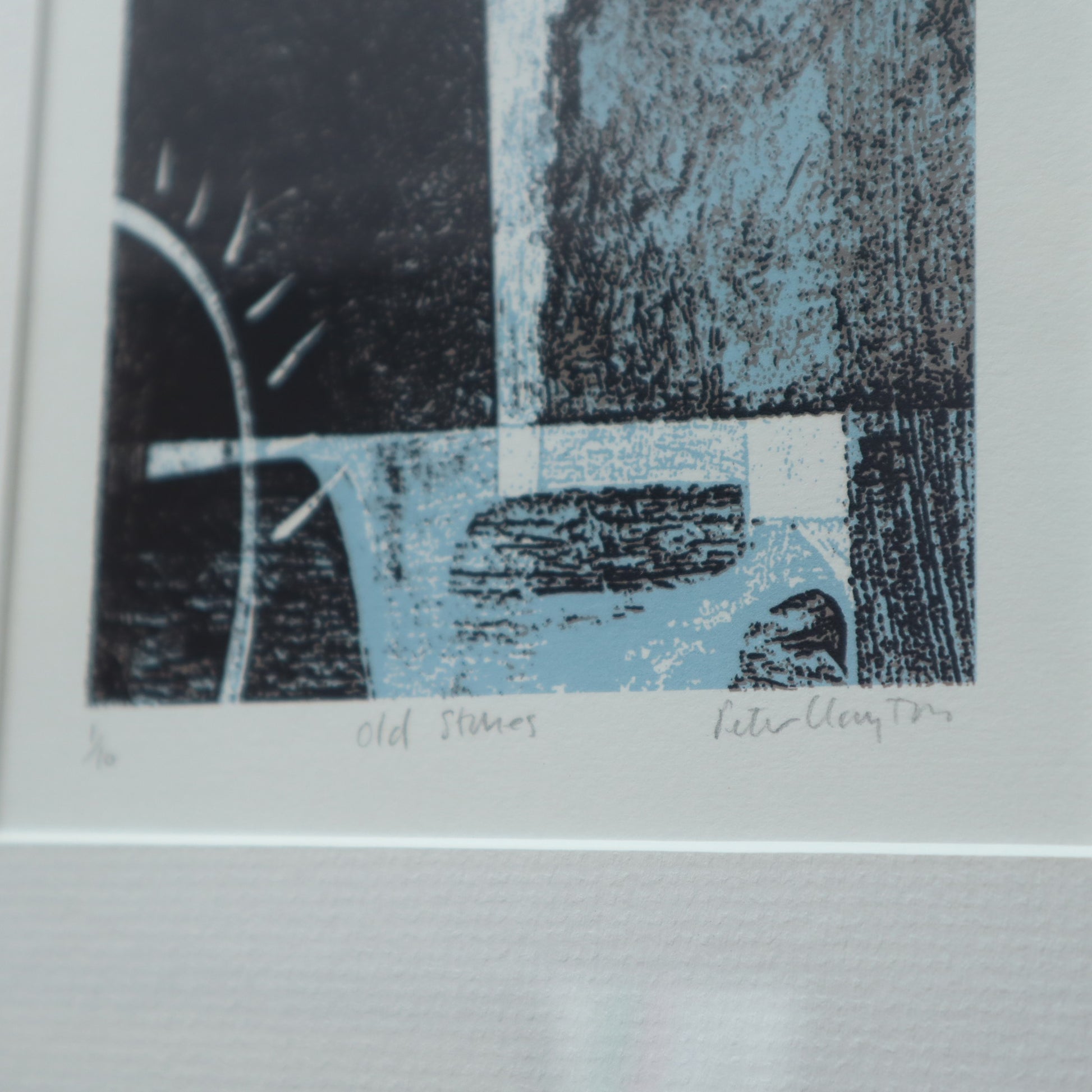 Artistic print with abstract design and text on a gray background