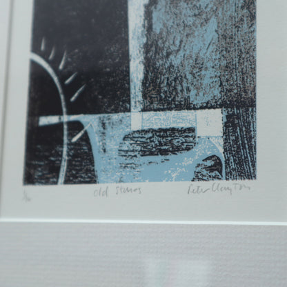 Artistic print with abstract design and text on a gray background