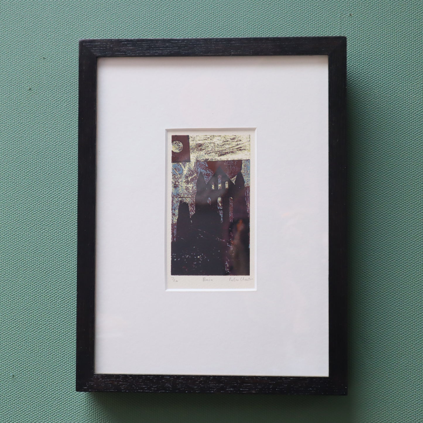 Framed artwork  Silk screen print of a ruin on a green wall