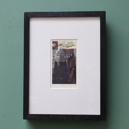 Framed artwork  Silk screen print of a ruin on a green wall
