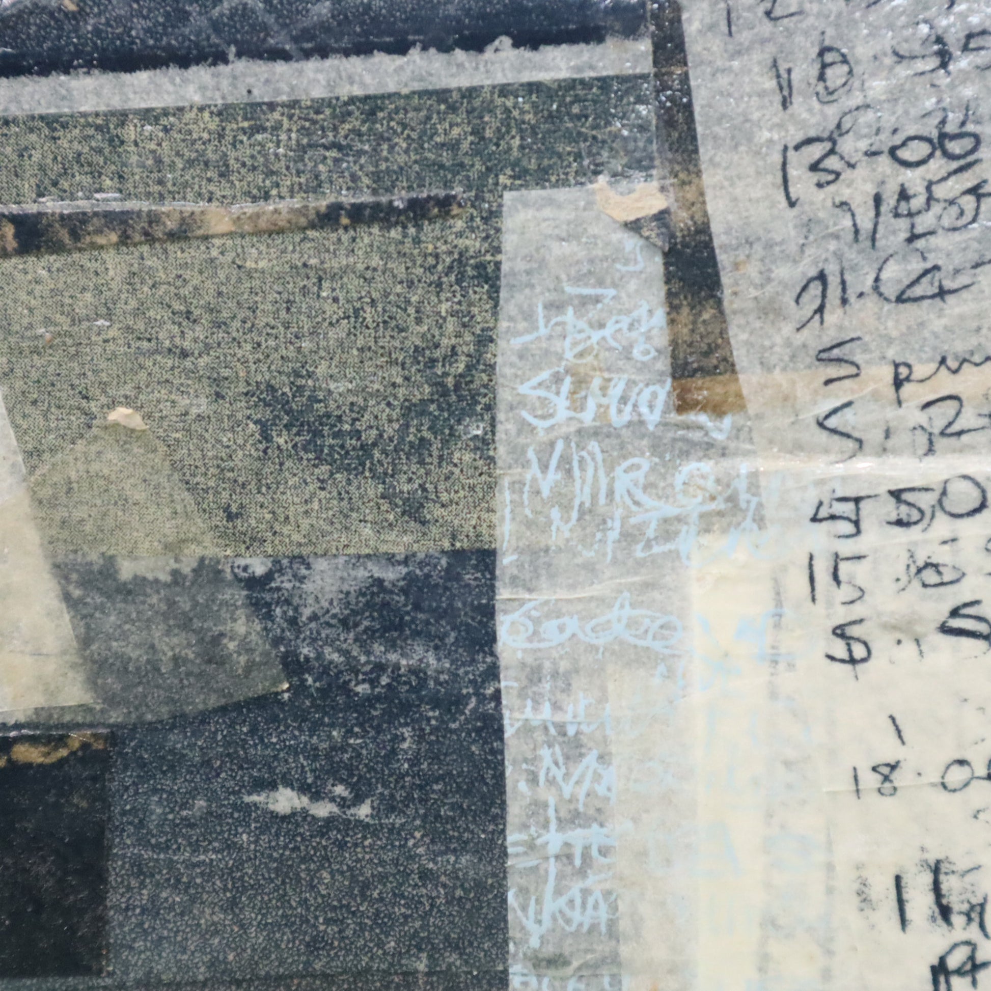 Collage of textured tiles with handwritten text