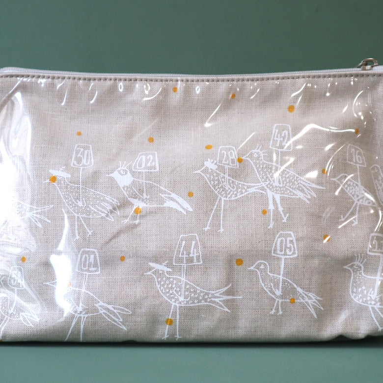 Linen washbag with plastic cover and an abstracted design of birds holding plaquards with numbers on them.. 