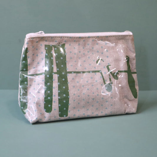 Linen washbag with plastic cover and a green abstract design of a washing line. 
