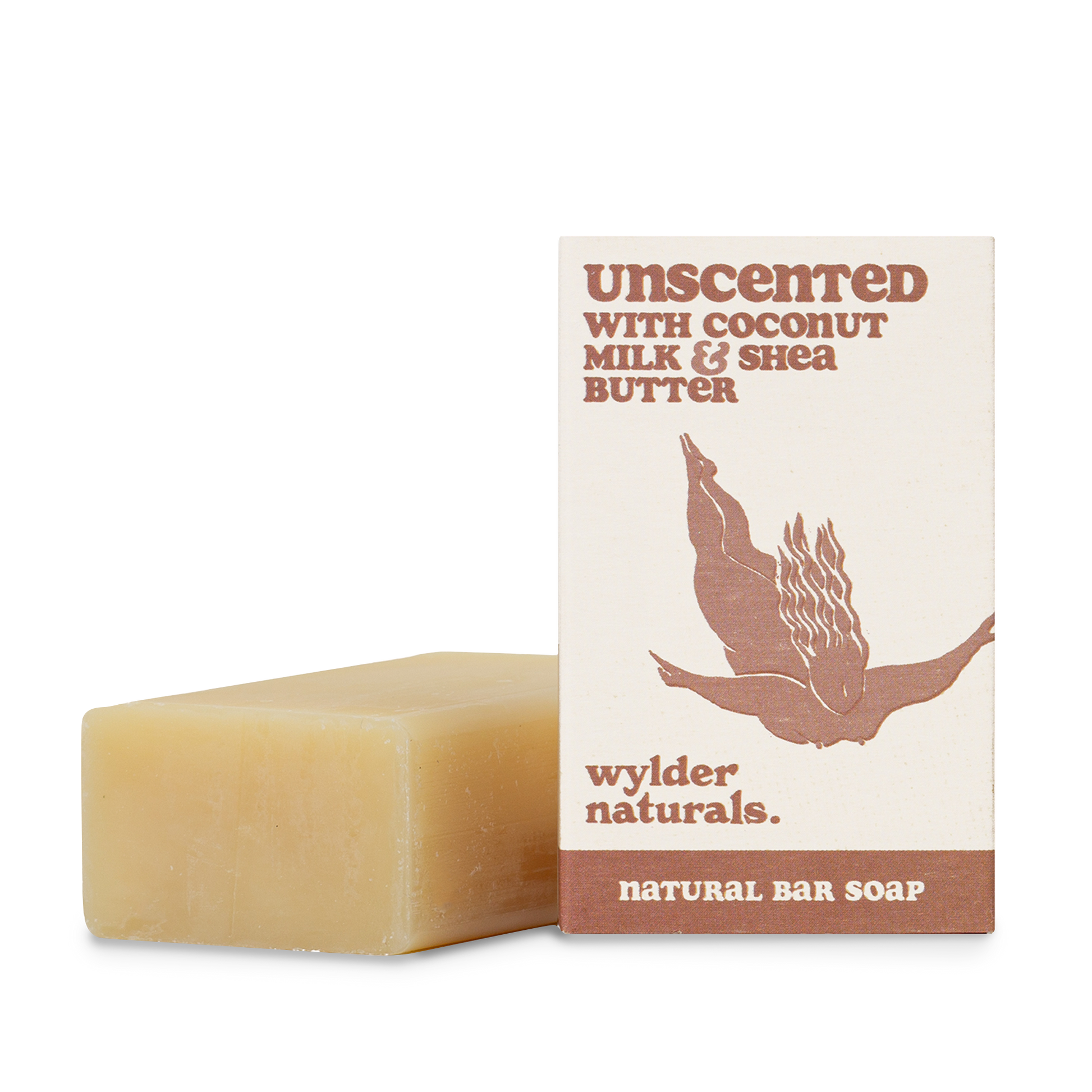A bar of natural soap with a label that reads 'Unscented with Coconut Milk & Shea Butter', indicating it is a bar of natural soap with simple, eco-friendly packaging.