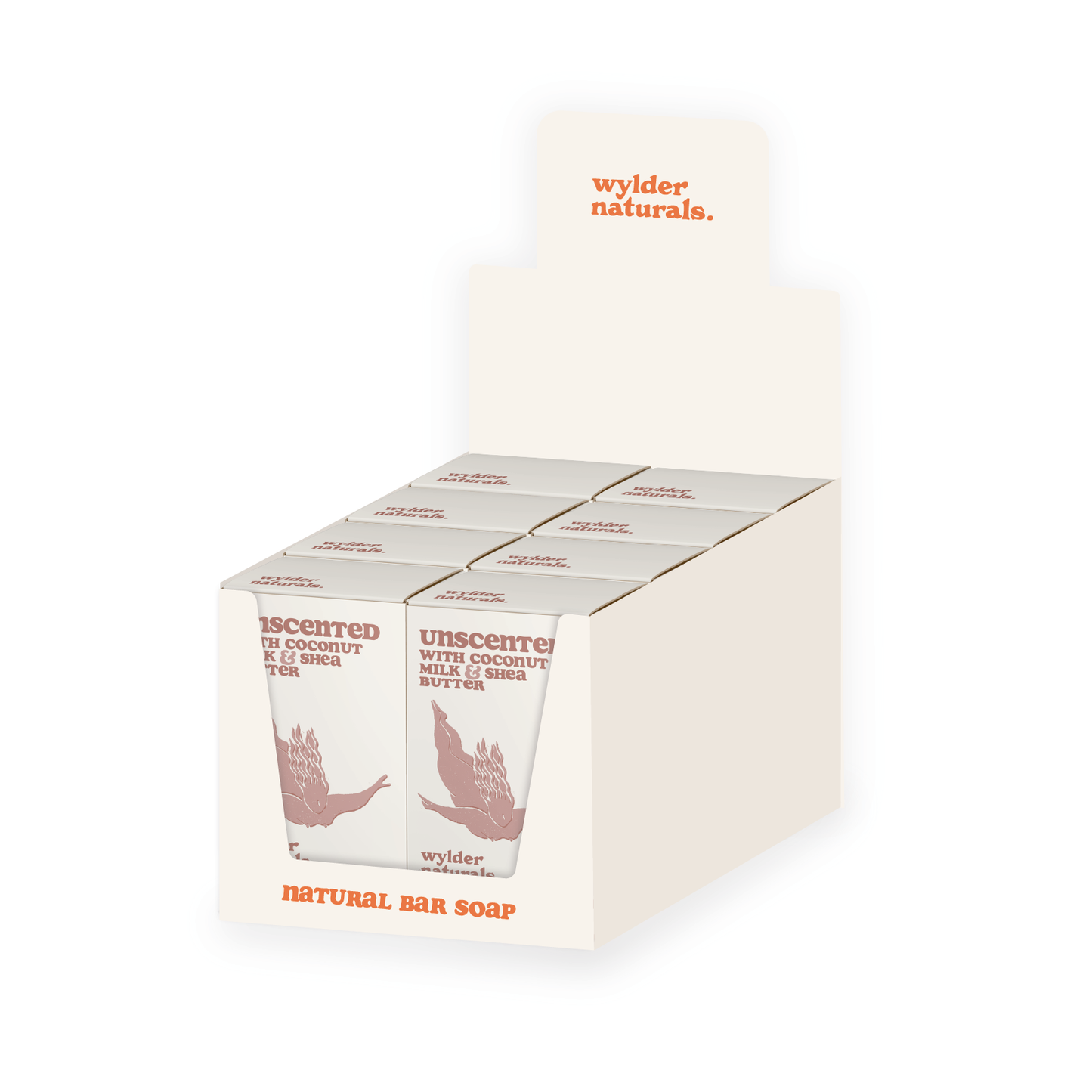 Point of sale box holding eight unscented coconut and shea butter bar soap