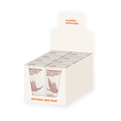 Point of sale box holding eight unscented coconut and shea butter bar soap