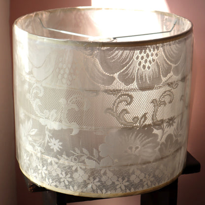 Lace-patterned lampshade against a pink wall