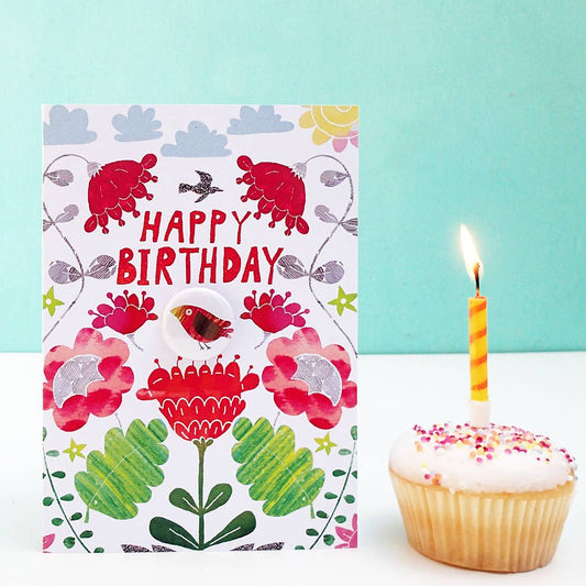 The Black Rabbit Greeting card with badge - Birthday Parrots