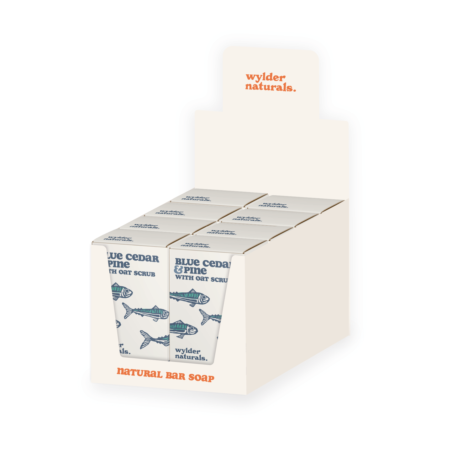 A point of sale box holding eight blue cedar and pine bar soaps by wylder naturals