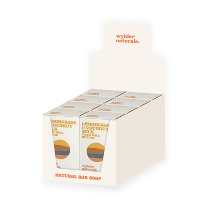 Point of sale box holding eight lemongrass and coconut milk bar soap