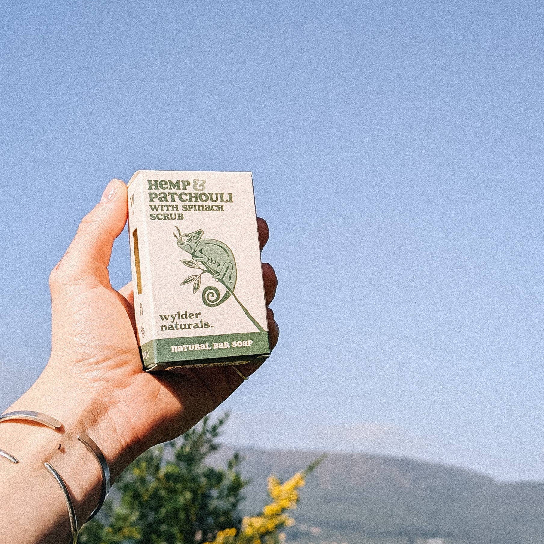 A hand holiday up a box of bar soap against a clear sky and trees