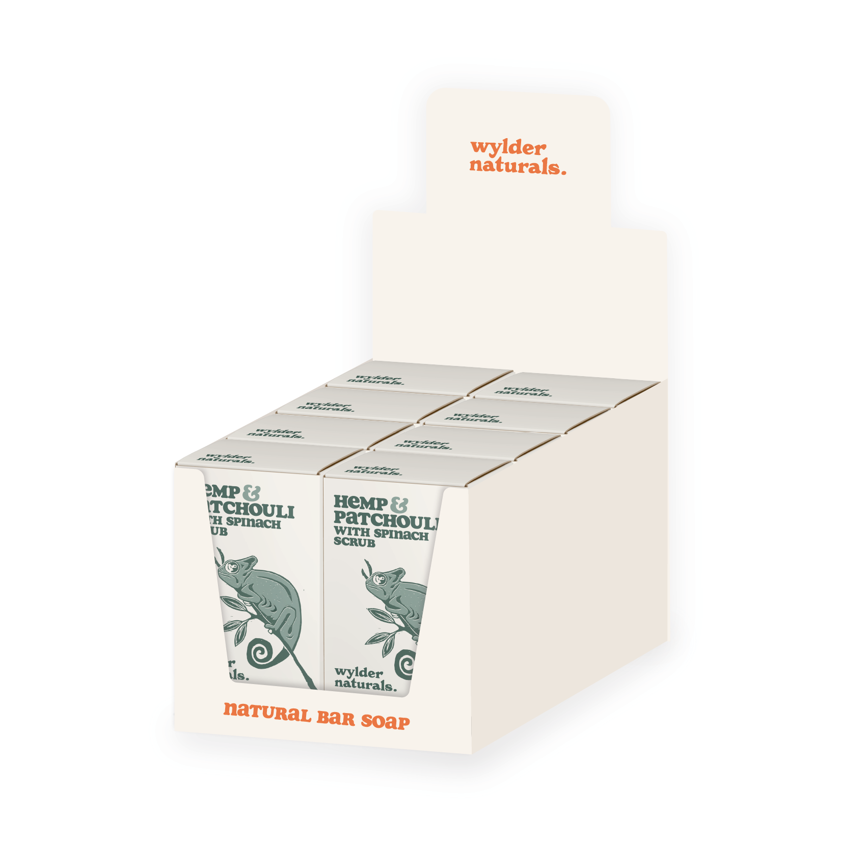 A point of sale display holding eight bar soaps by wylder naturals